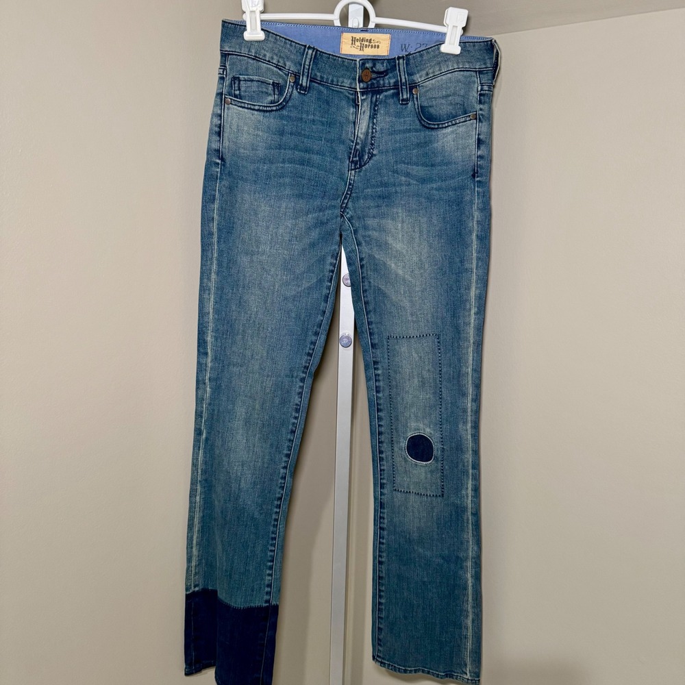 Holding Horses Anthropologie Patchwork Colorblock Straight Leg Jeans Blue W27